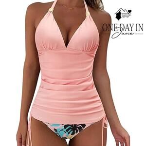 Adisputent Halter Drawstring Tummy Control Tankini Swimsuit Size M